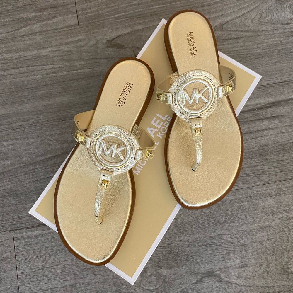 New Michael Kors MK logo gold sandal shoes